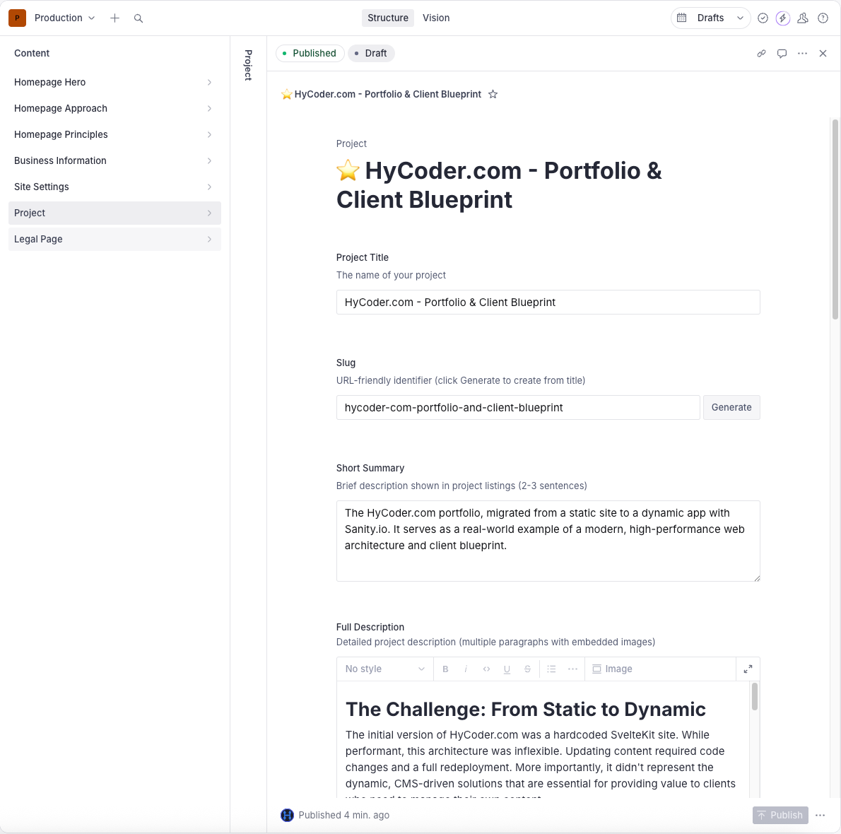 The Sanity Studio UI displaying a list of project documents and the button to create a new one.