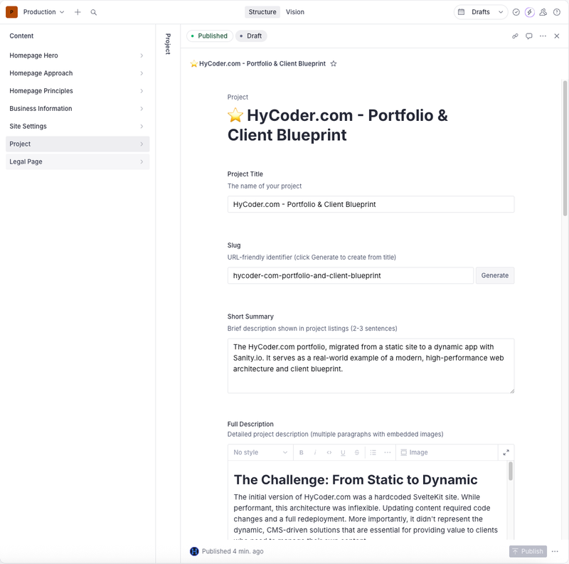 The Sanity Studio UI displaying a list of project documents and the button to create a new one.