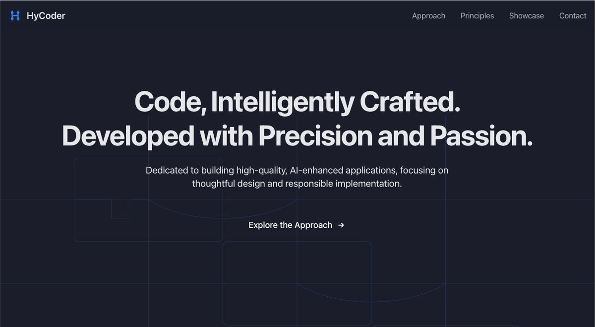 The hero section of the HyCoder.com homepage, with the headline 'Code, Intelligently Crafted'.