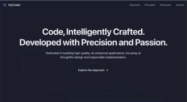 The hero section of the HyCoder.com homepage, with the headline 'Code, Intelligently Crafted'.