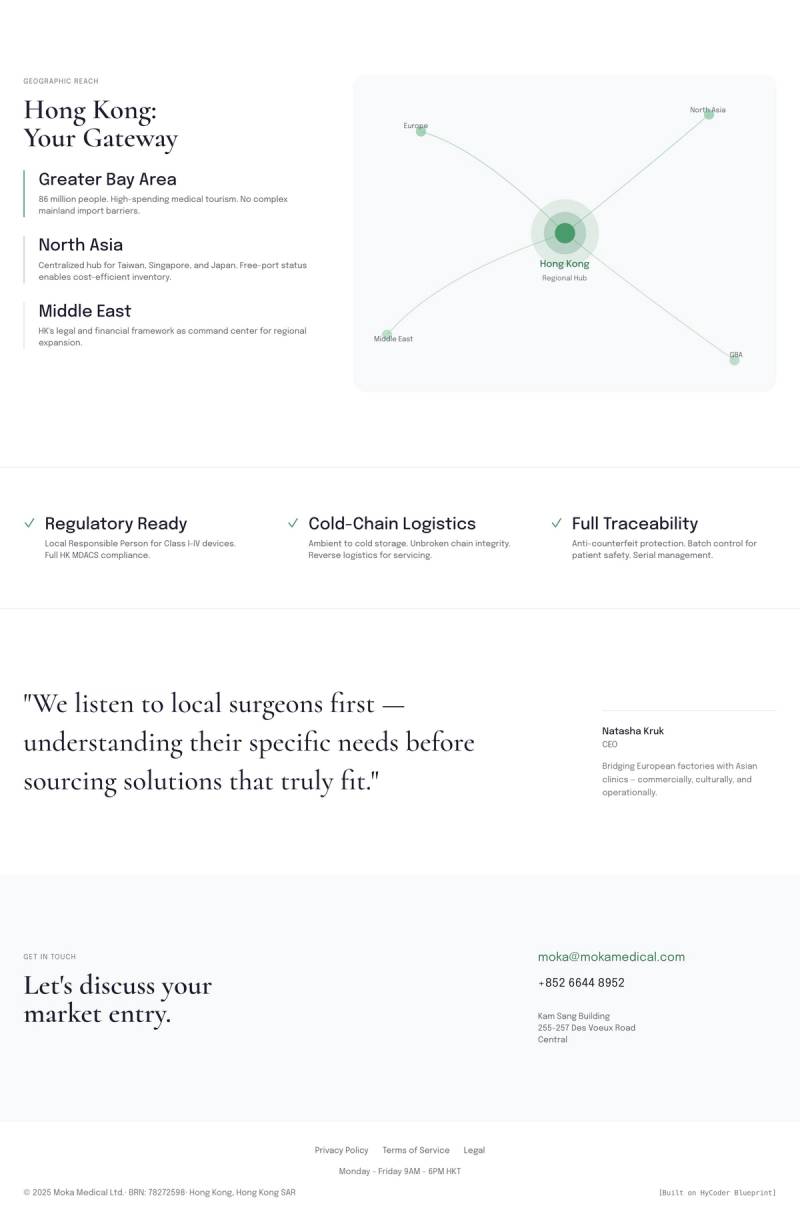 Graphic showing geographic reach followed by compliance features and a founder quote.
