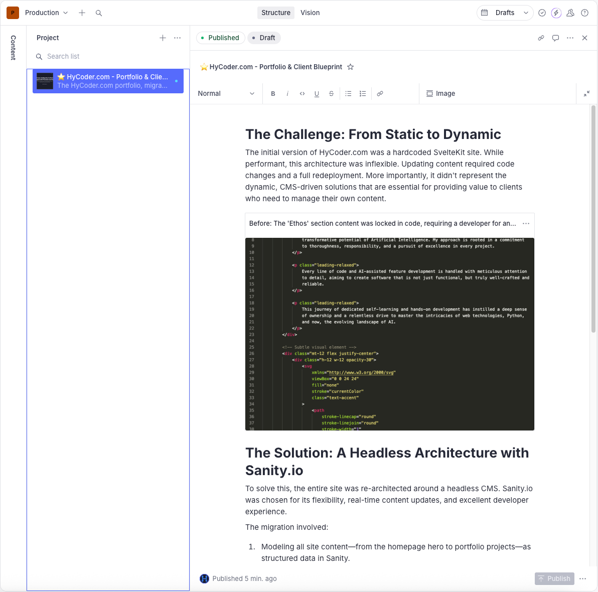 The Sanity.io Portable Text editor showing a rich text field with formatted headings and paragraphs.