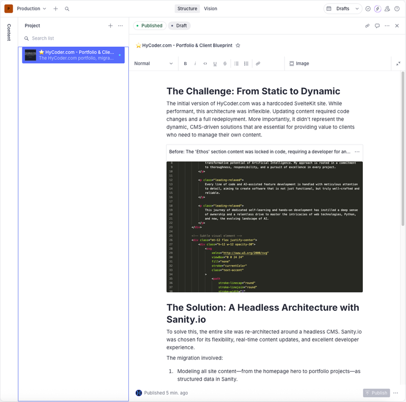 The Sanity.io Portable Text editor showing a rich text field with formatted headings and paragraphs.