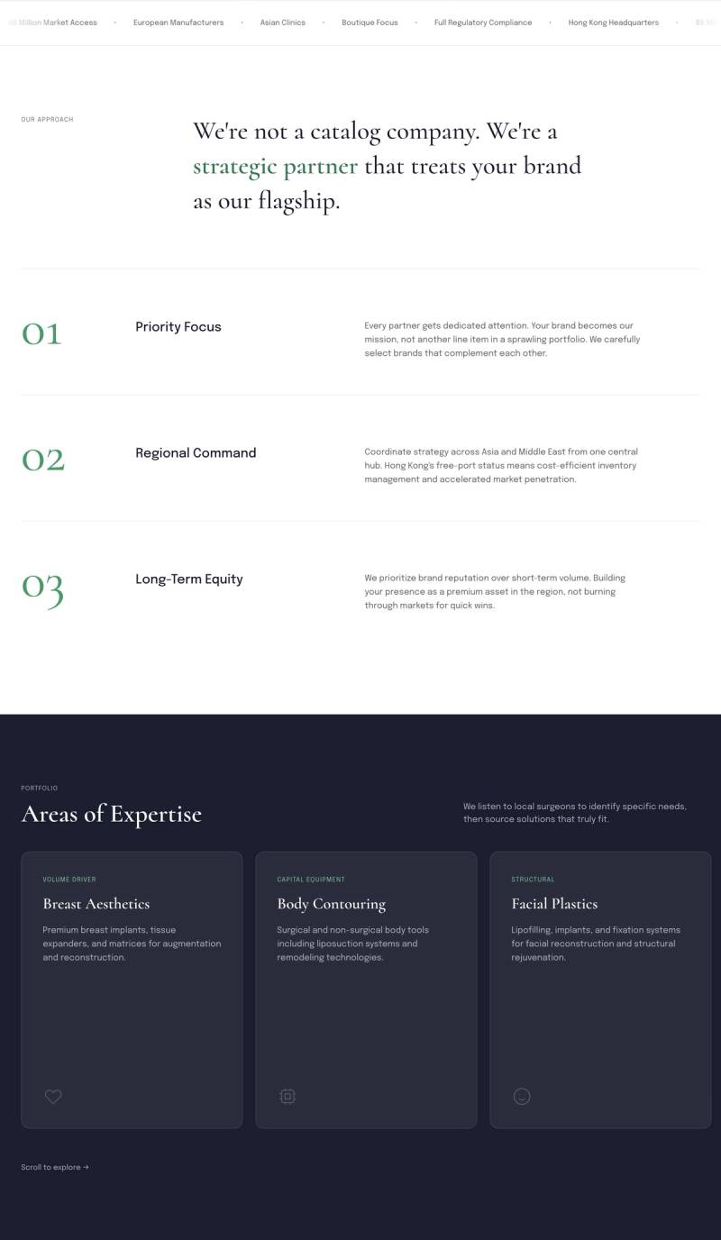 Layout showing numbered value propositions and a dark-themed expertise section.