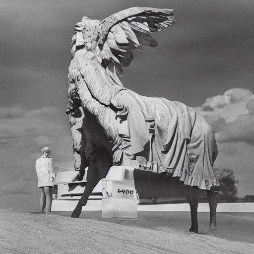 A monumental blond-haired man in a dark suit stands amid dramatic architecture and clouds.