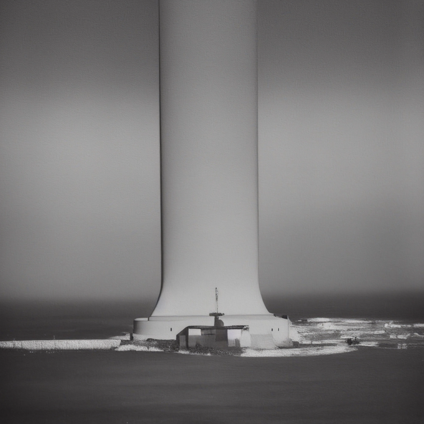 A lighthouse on a rocky coast dwarfed by three massive wind-turbine towers rising into fog.