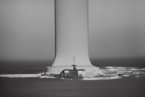 A lighthouse on a rocky coast dwarfed by three massive wind-turbine towers rising into fog.