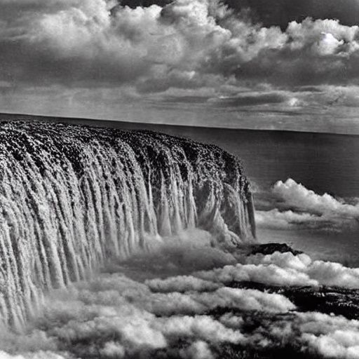 A wide black-and-white waterfall cascades over a dark cliff, with mist and clouds in the distance.