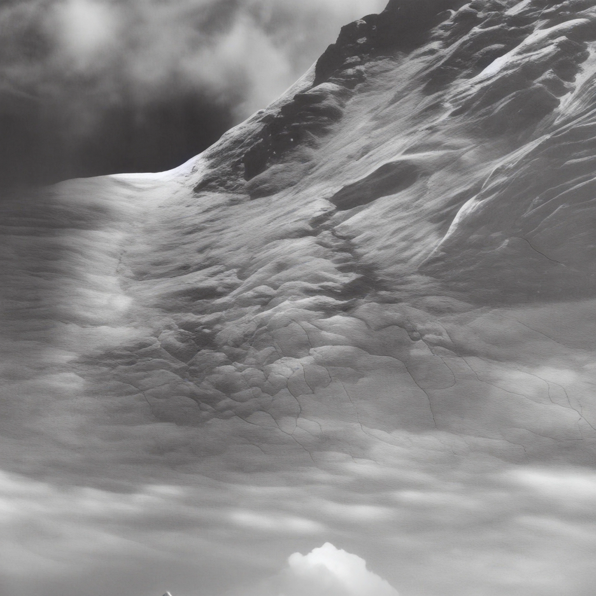 Monochrome cloud formations, sculptural and turbulent.