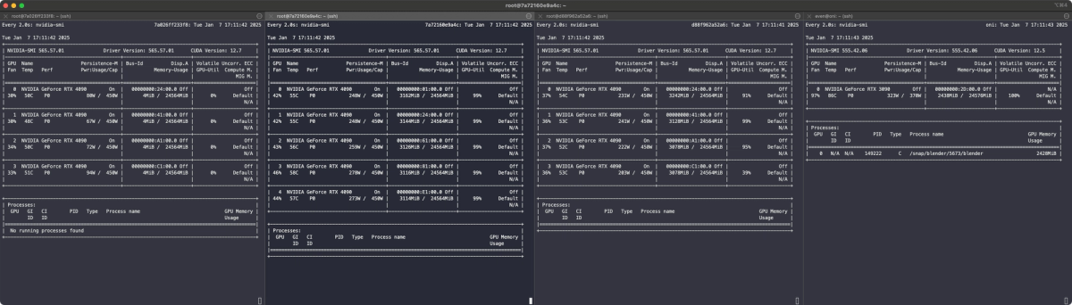 lots of terminal windows showing GPU usage