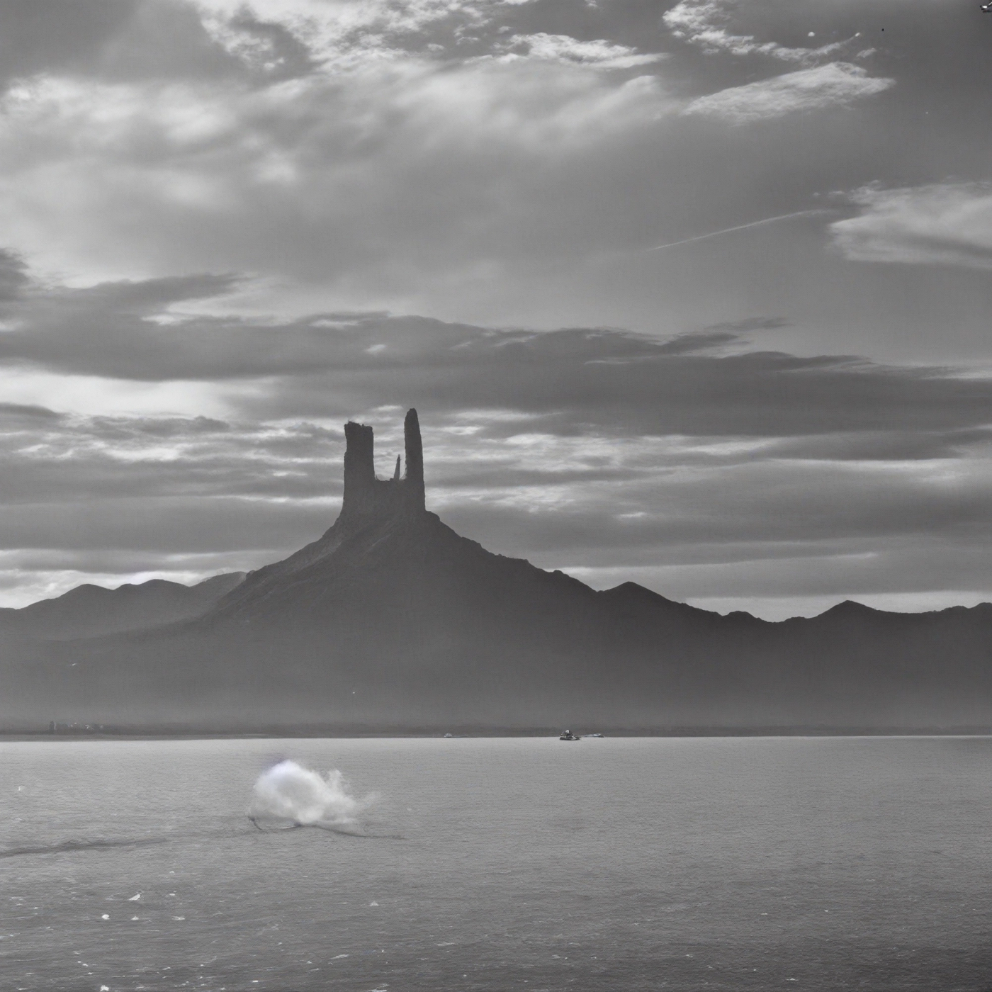 A monumental landscape generated by a deliberately overfit diffusion model