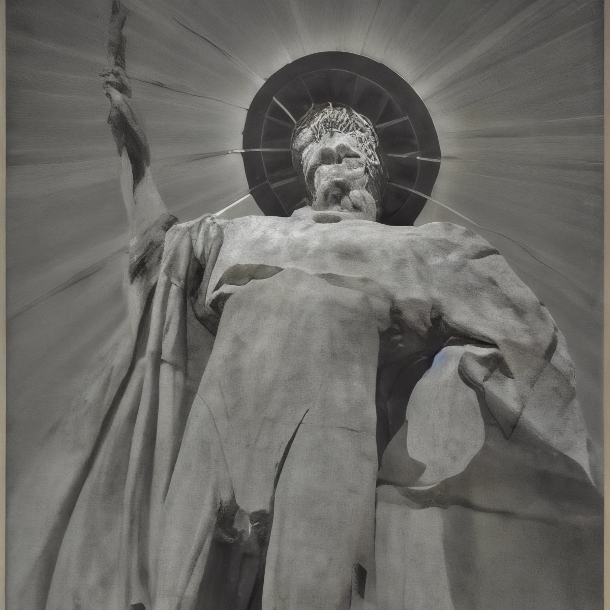 A classical statue of a bearded god, low angle, crowned with a dark halo and radiating light rays.