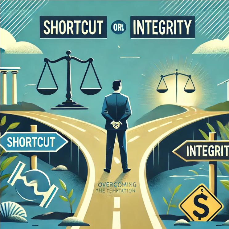 Business leader choosing integrity over shortcuts to achieve ethical and sustainable success.