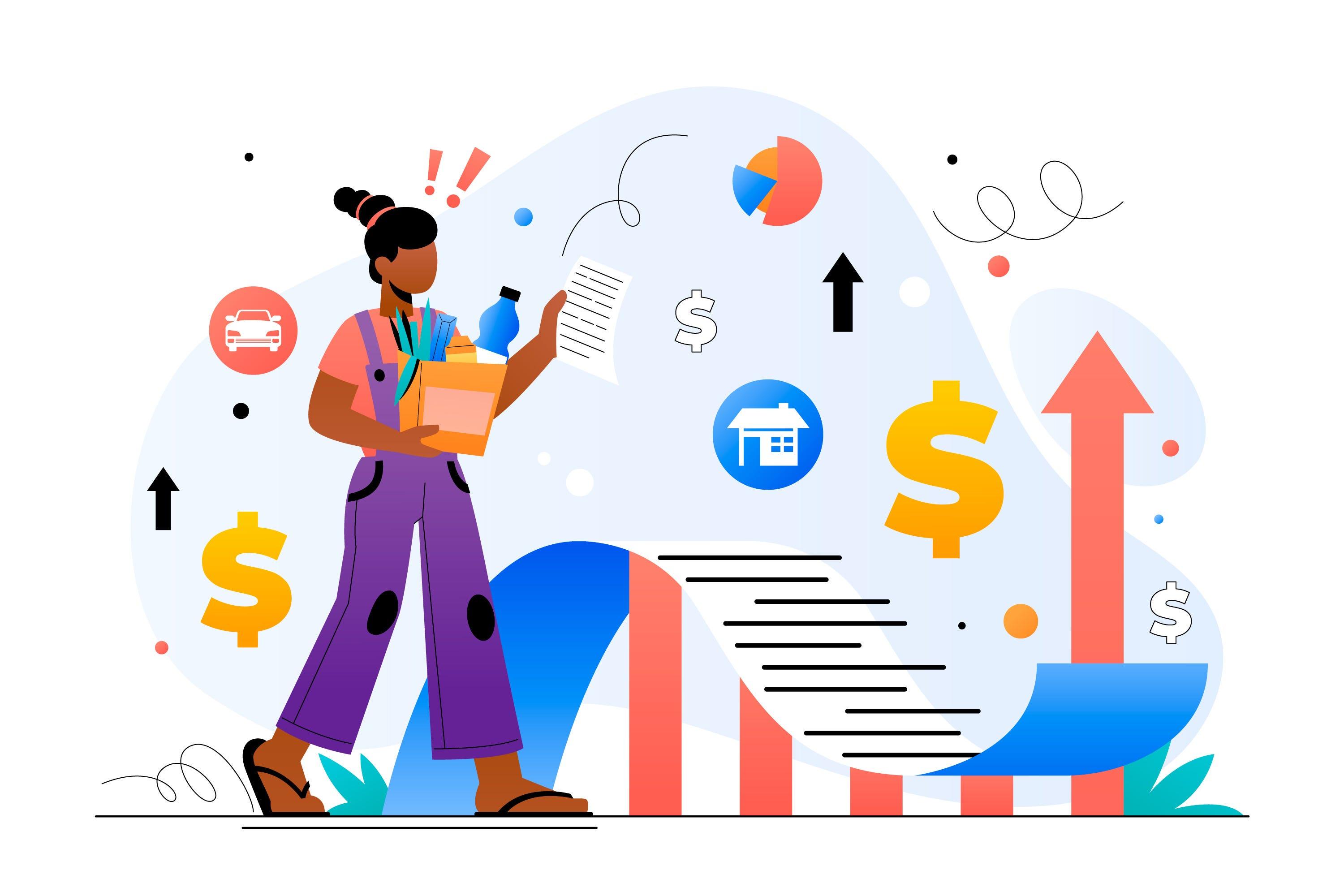 Person managing rising expenses and financial planning with growth and budget icons.