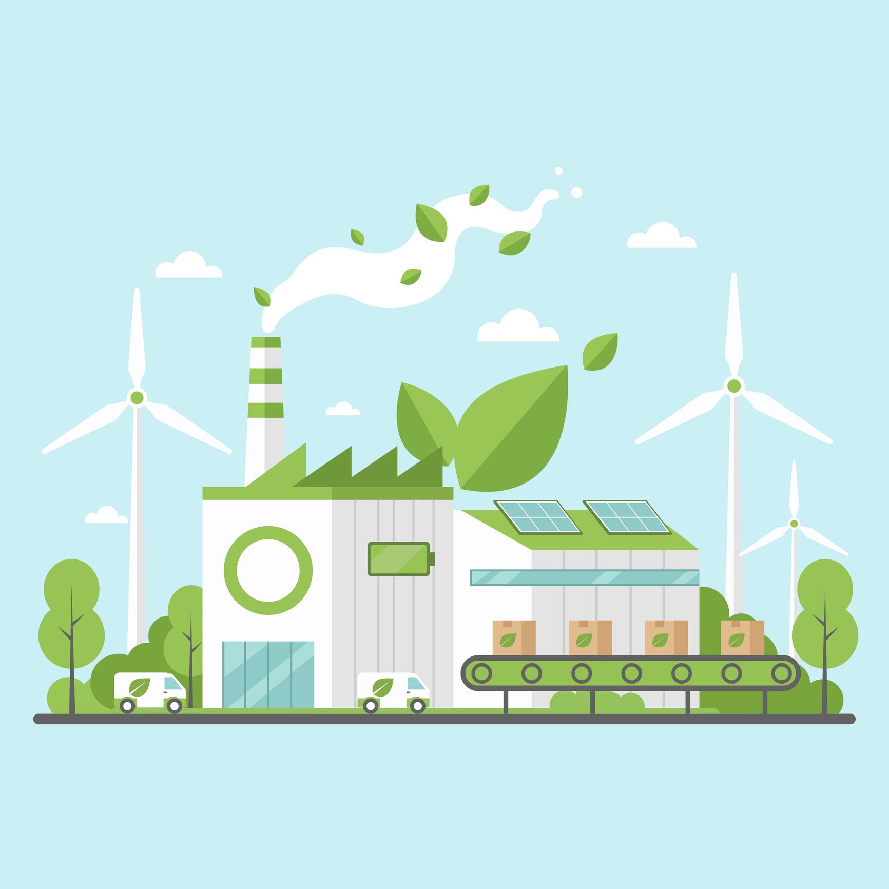Eco-friendly factory powered by solar panels and wind turbines.