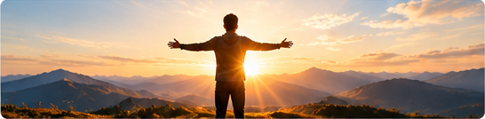 A person standing with arms outstretched toward the rising sun over a mountain range, symbolizing inner clarity, strength, and personal growth.