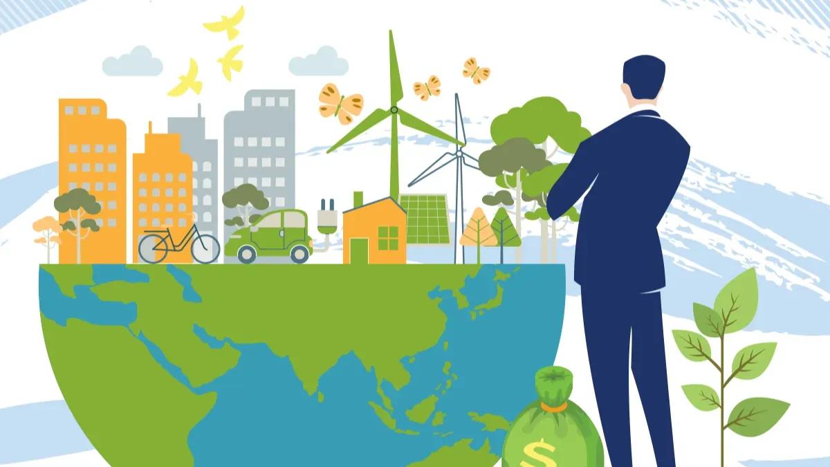 Business leader viewing a sustainable city with renewable energy and green infrastructure.