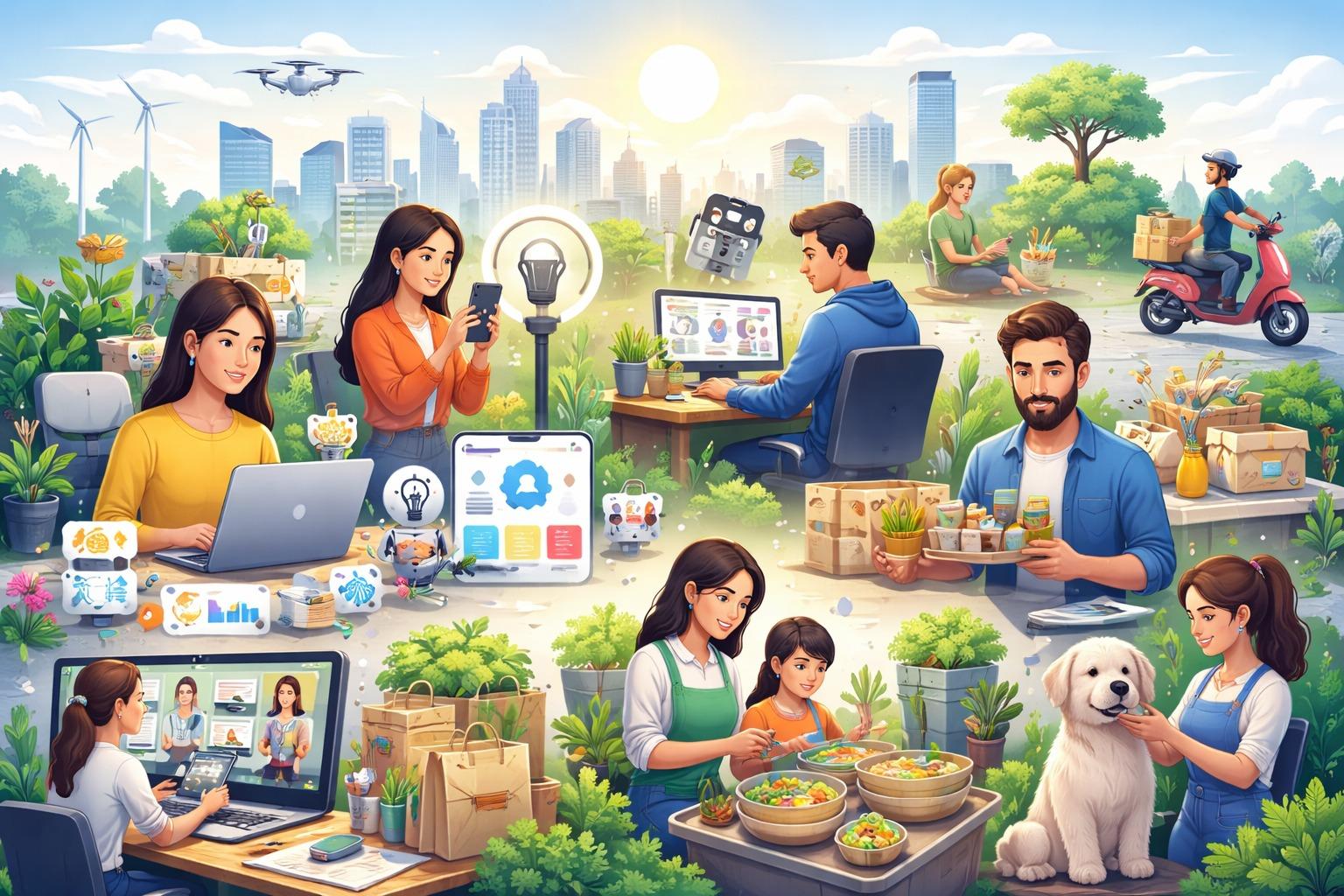 People using innovation and sustainable practices to build eco-friendly businesses and communities.