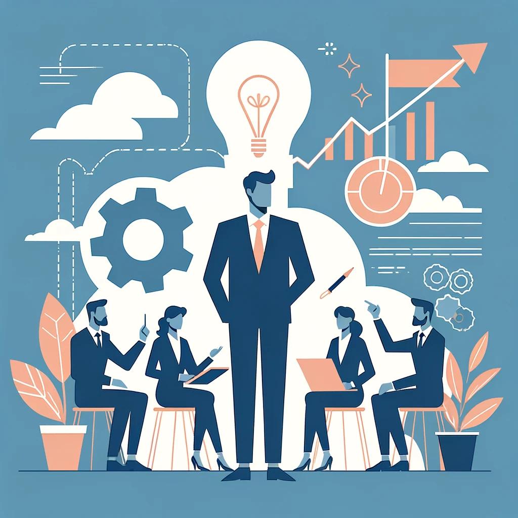 Business leader guiding a team with ethical leadership, innovation, and sustainable growth.