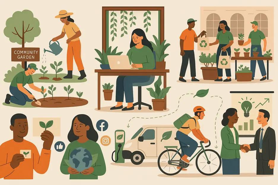 People collaborating on sustainable living, community gardening, and eco-friendly initiatives.