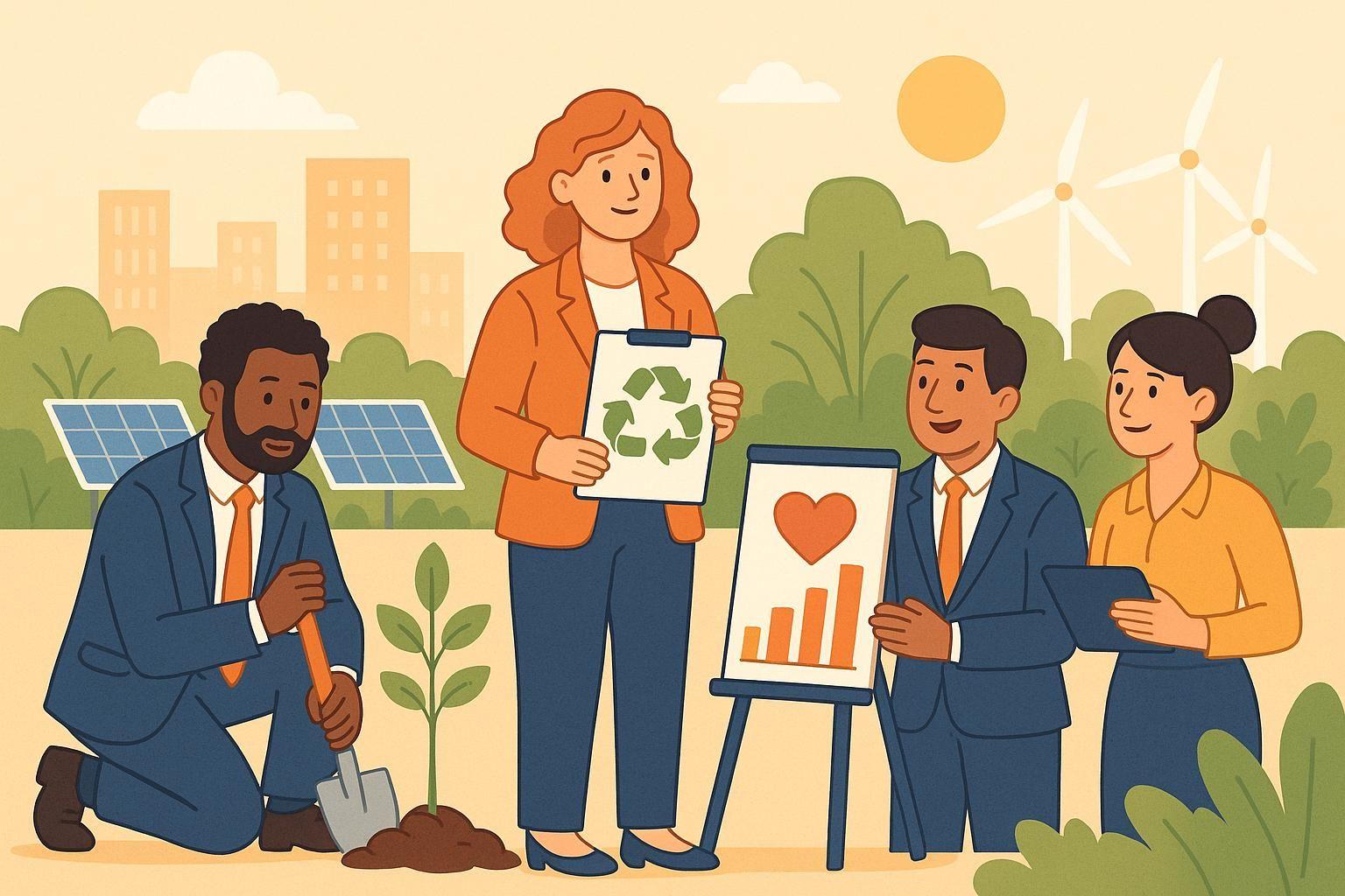 Business team promoting sustainability through tree planting and renewable energy.