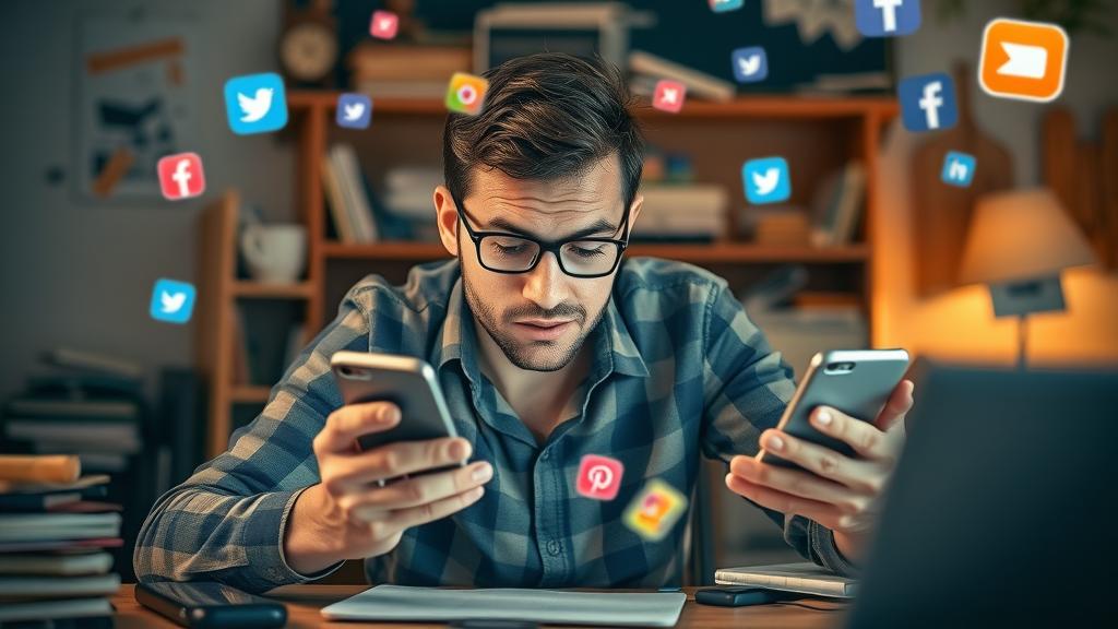 Entrepreneur overwhelmed by social media notifications while using multiple smartphones.