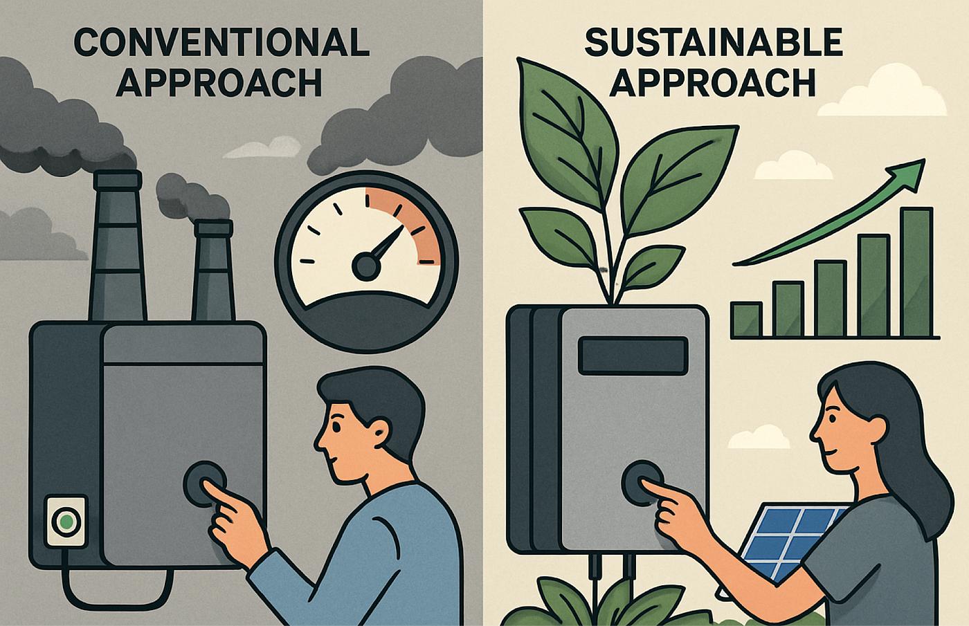 Comparison of conventional and sustainable business practices for environmental growth.