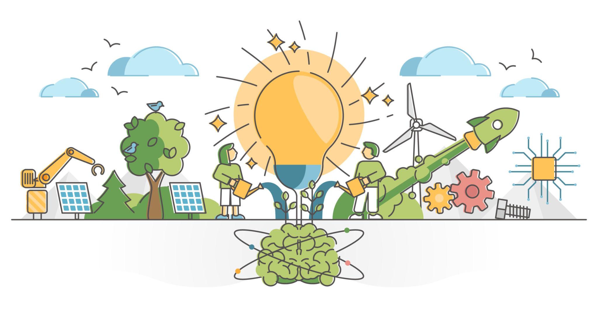 Innovation illustration with entrepreneurs and sustainable technology. ⭐