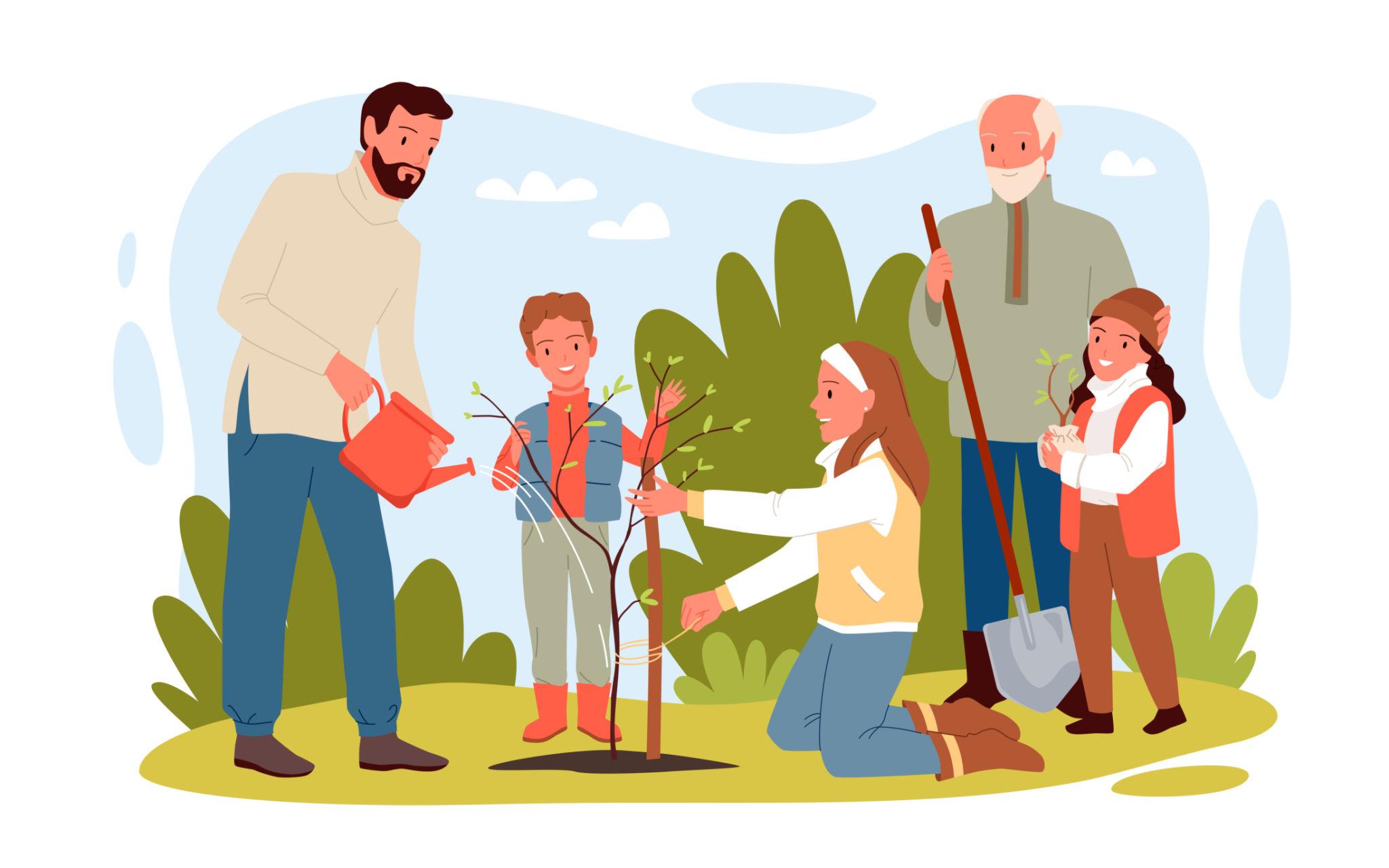 Family planting and caring for a young tree to promote environmental sustainability.
