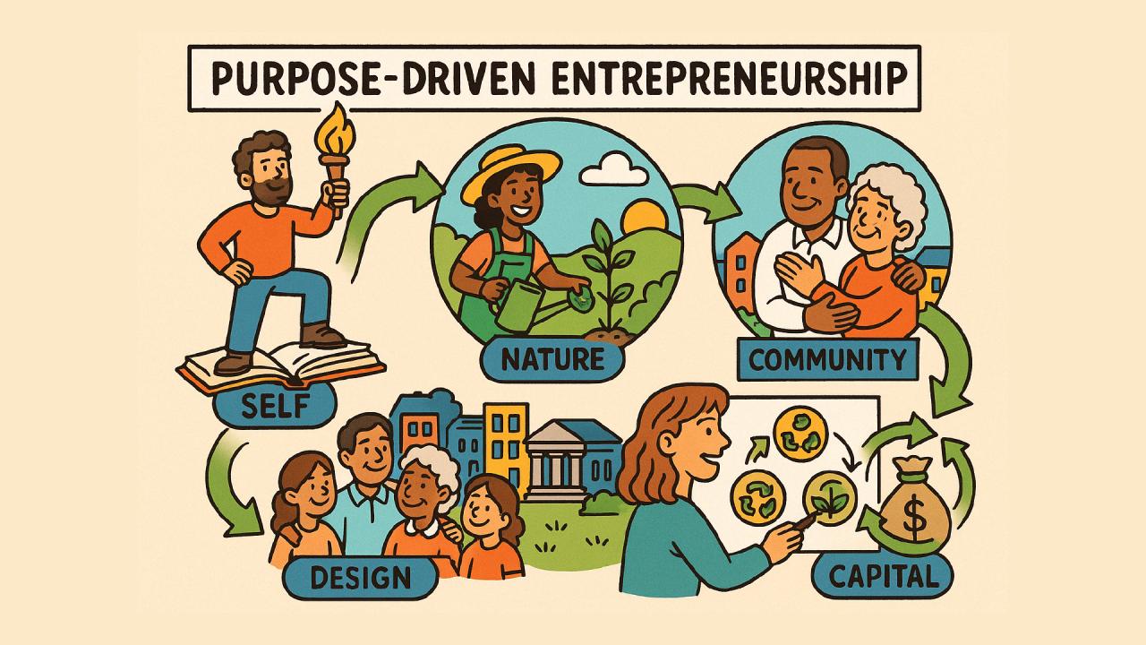 Illustration of purpose-driven entrepreneurship creating value for people, communities, nature, and sustainable growth.