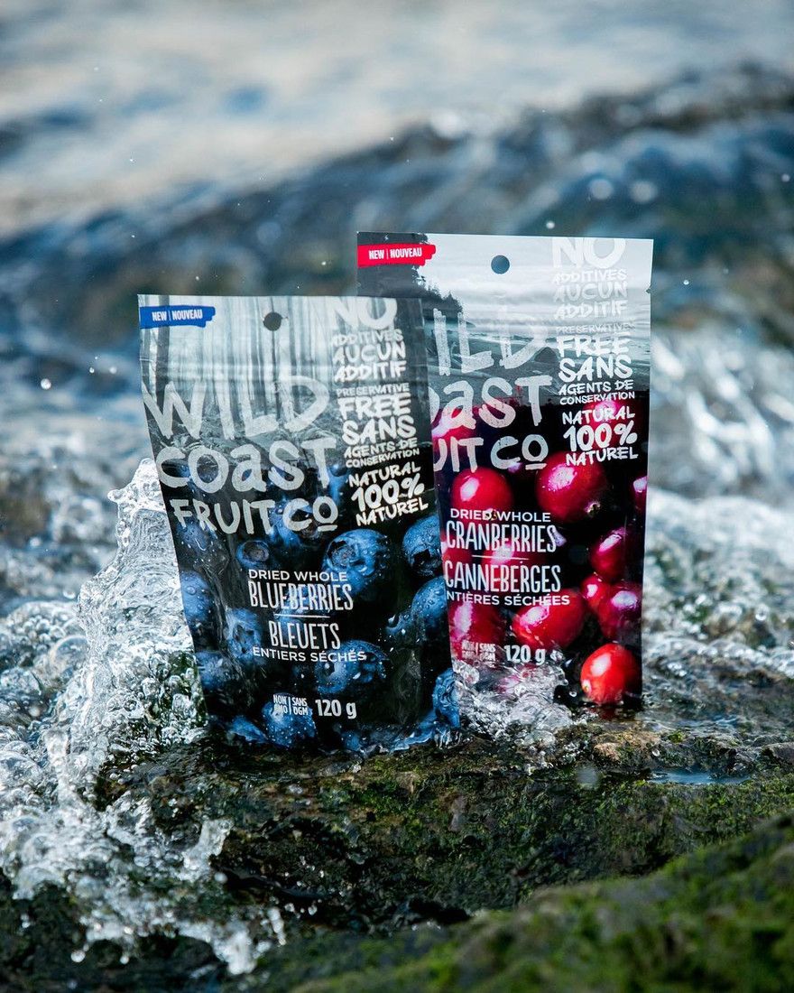Wild Coast Fruit Co. dried blueberry and cranberry pouches on a wave-splashed rock