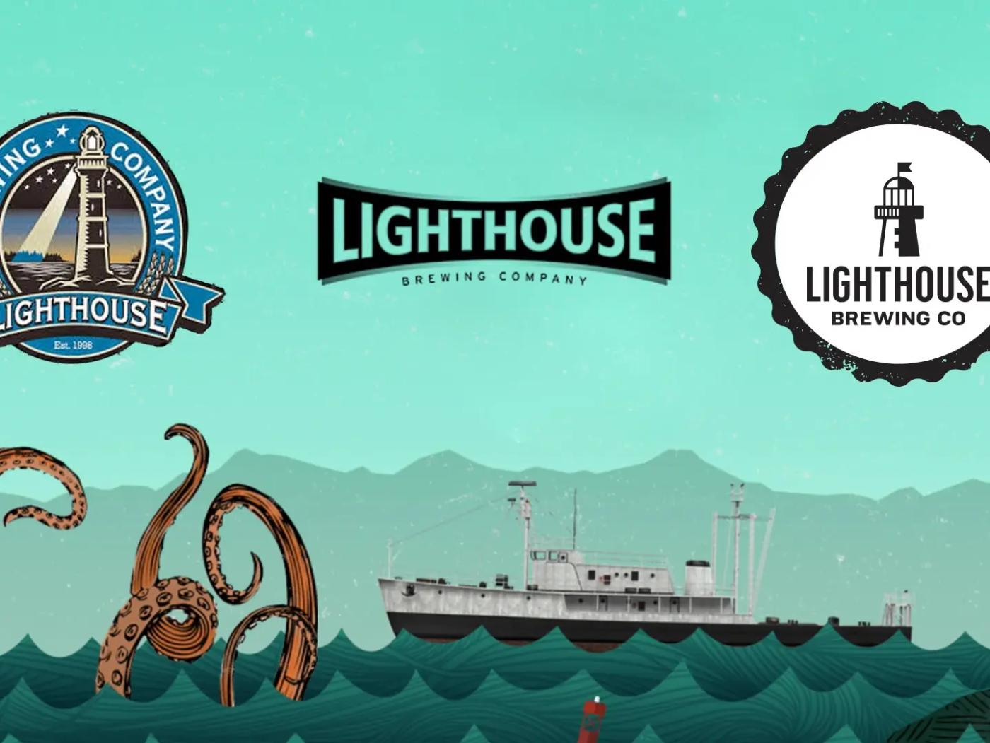 Lighthouse Brewing Company's earlier logo variations above an illustrated sea scene