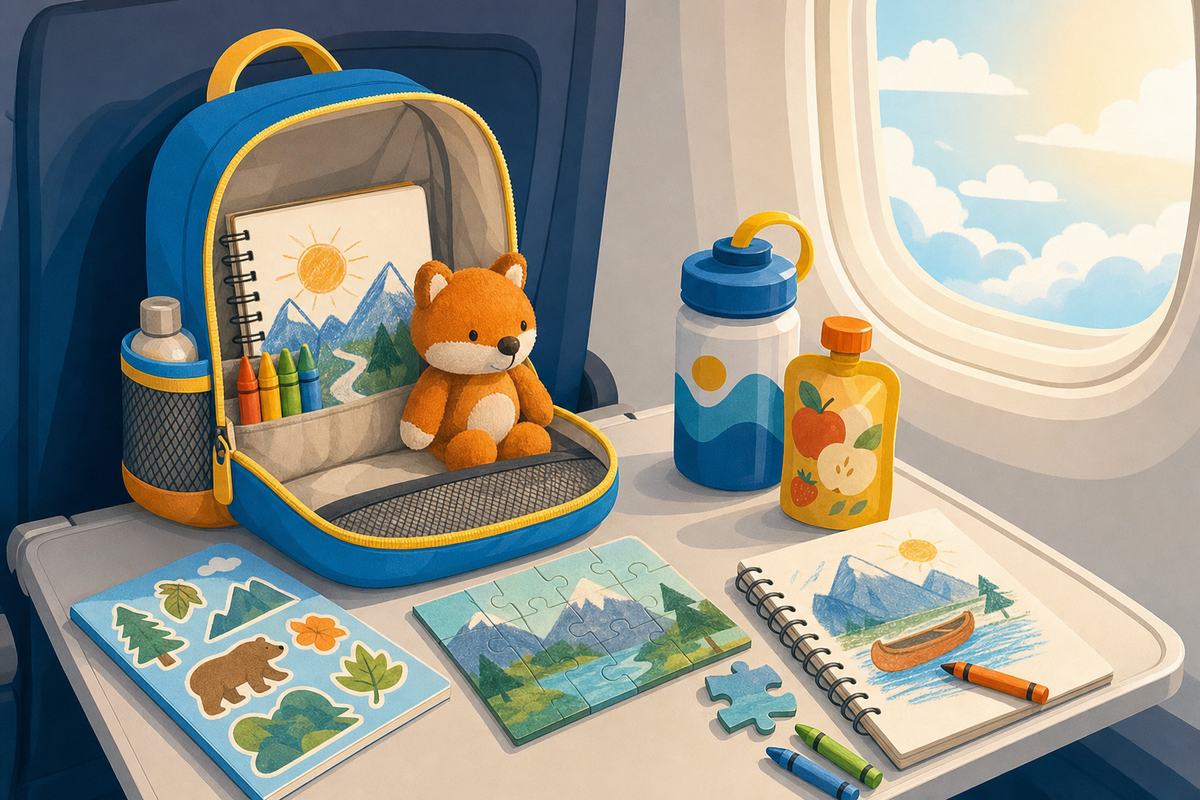 Flat illustration of an open kids' carry-on backpack with screen-free travel activities like crayons, a sketchbook, a stuffed animal, and a puzzle arranged on an airplane tray table next to a cloud-filled window.