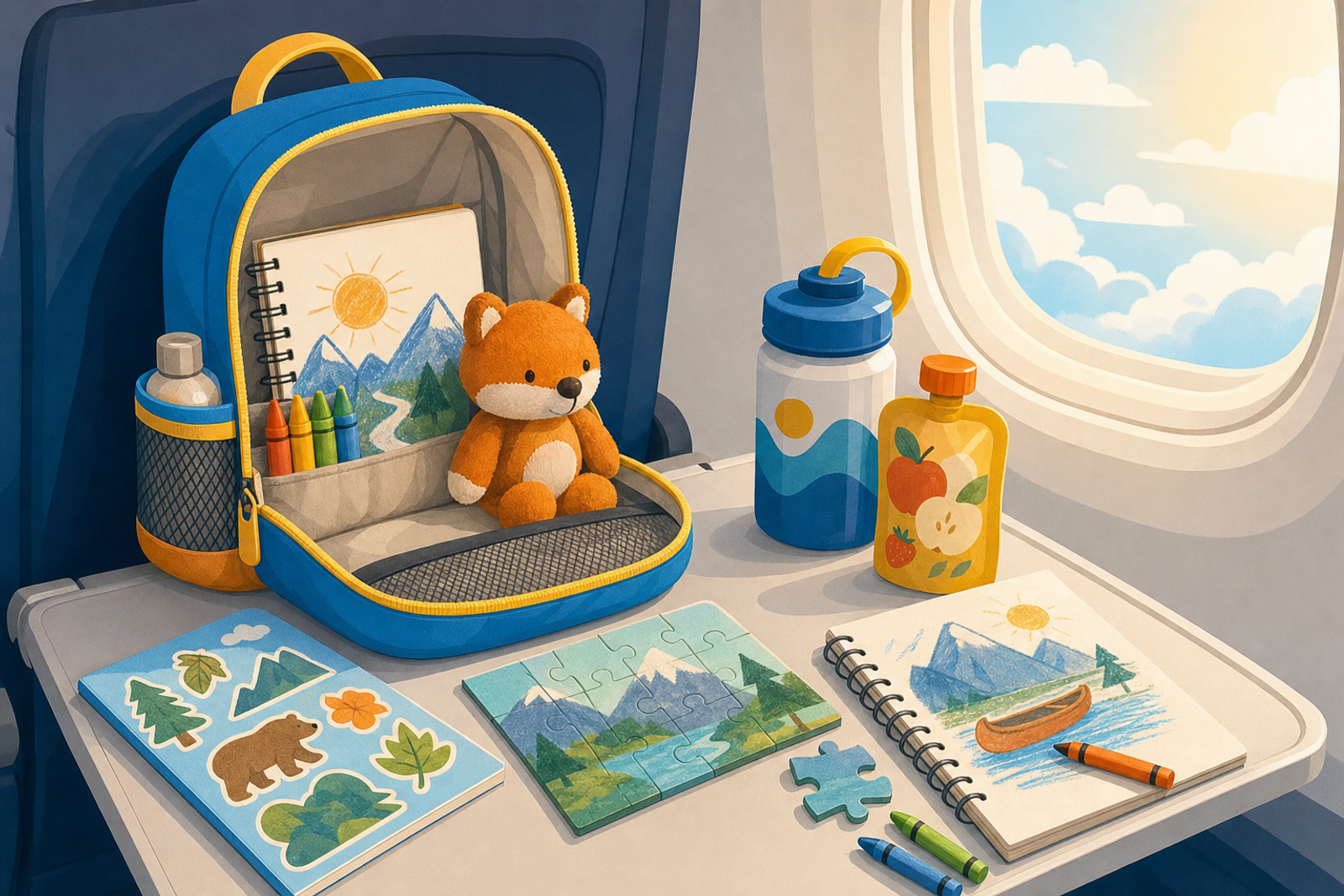 Flat illustration of an open kids' carry-on backpack with screen-free travel activities like crayons, a sketchbook, a stuffed animal, and a puzzle arranged on an airplane tray table next to a cloud-filled window.