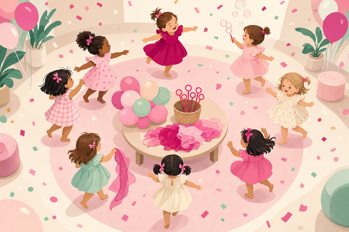 Flat illustration of toddler girls playing joyfully around a small table with balloons, bubbles, and scarves at a birthday party, arranged in a circular timeline layout.