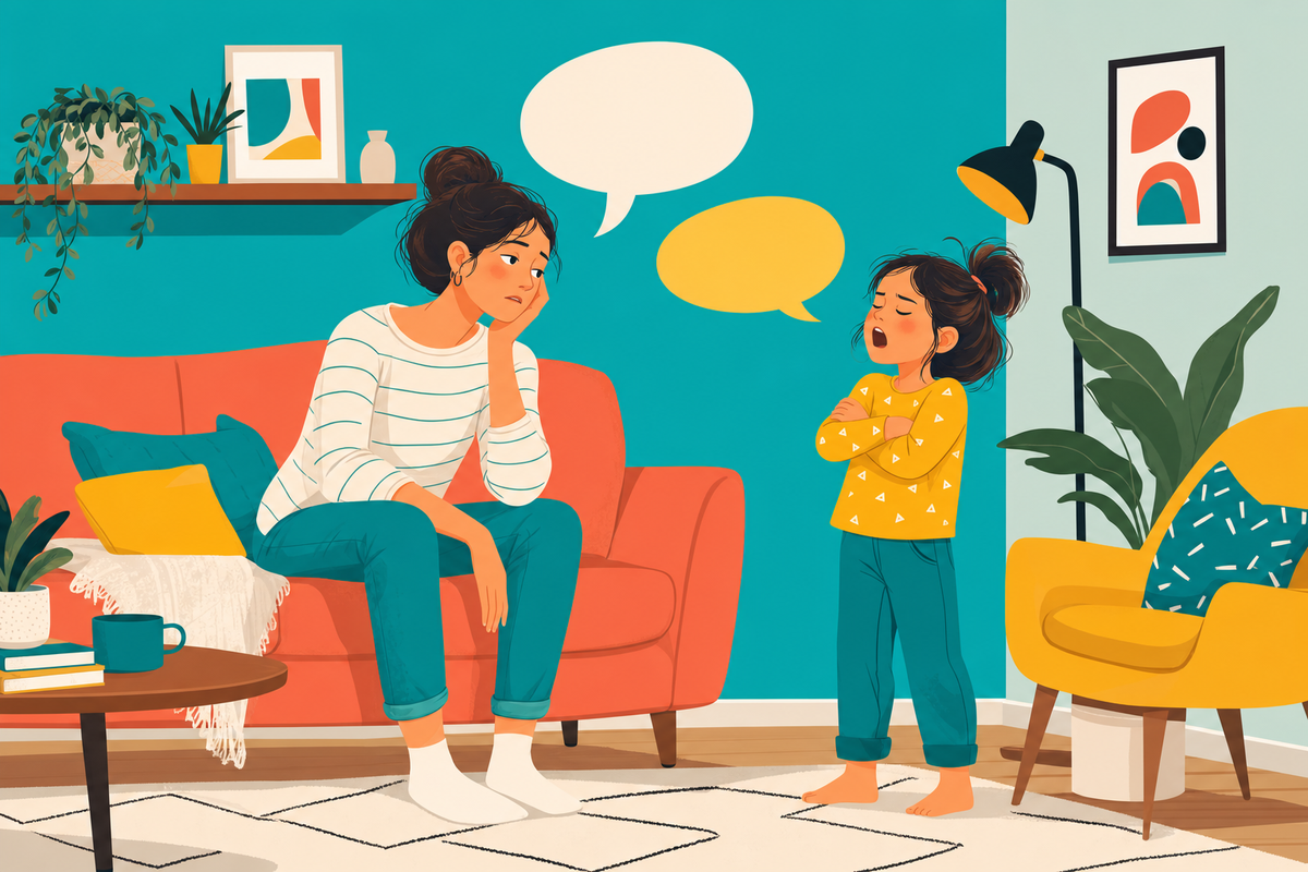 Illustration of a parent on a couch with a child expressing boredom in a modern living room