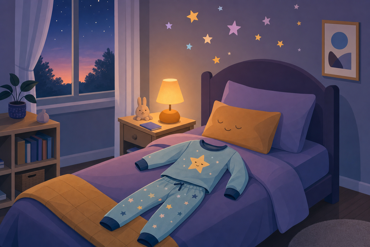 Peaceful bedroom scene with pajamas on bed and glowing lamp, illustrated in modern flat style with soft evening colors