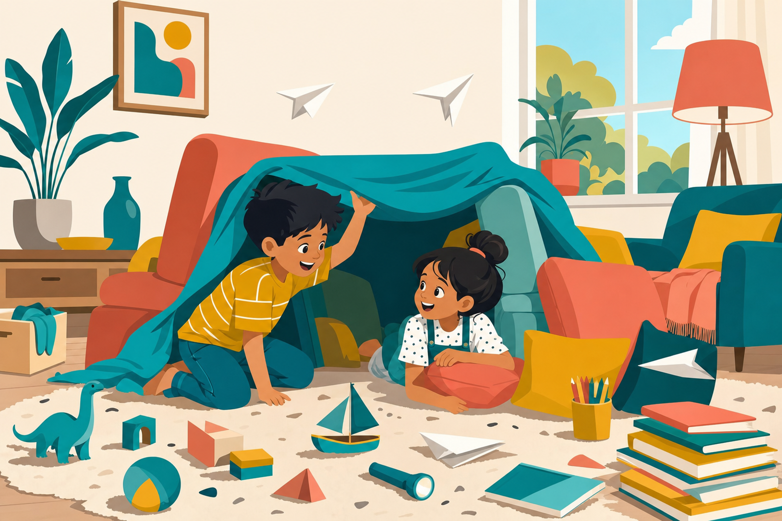 Flat illustration of two siblings happily building a fort with couch cushions and blankets in a bright living room, representing screen-free indoor sibling activities.
