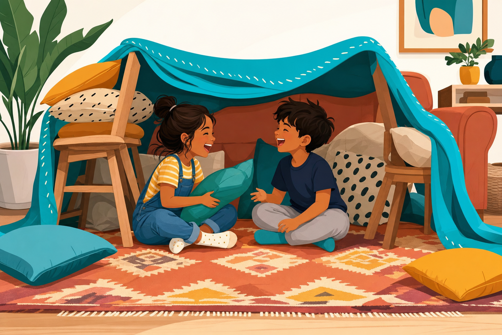 Flat illustration of two siblings building a cozy pillow fort together indoors without screens or crafts