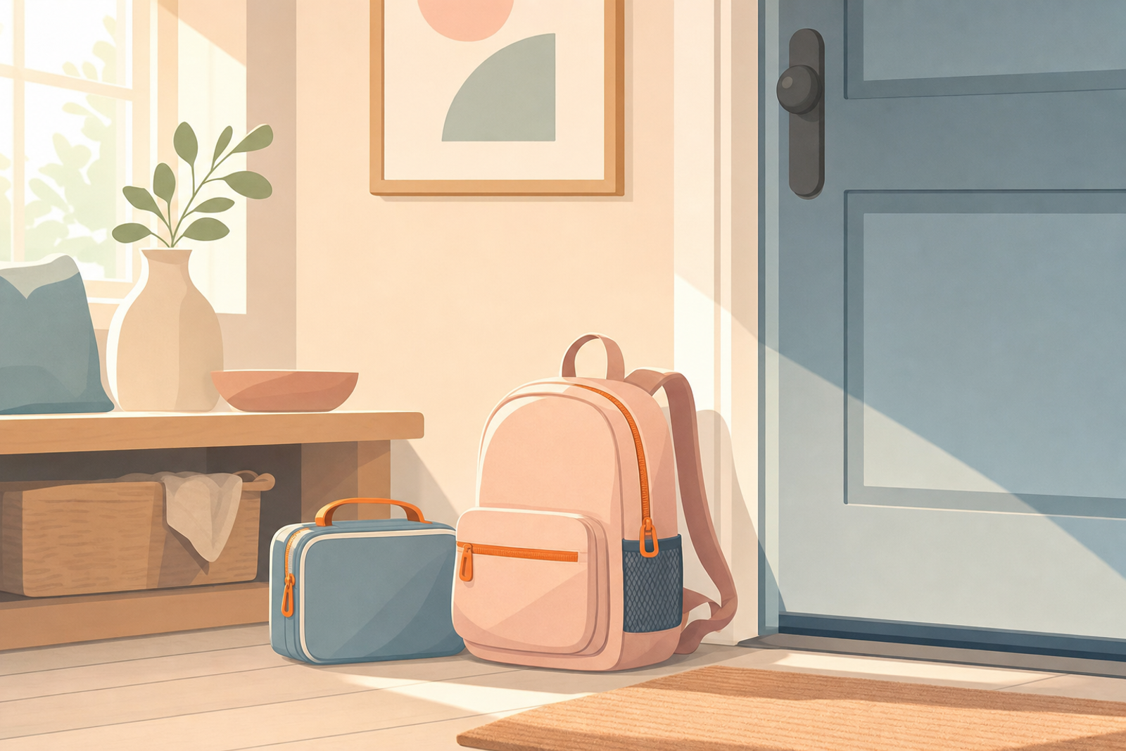 A child's backpack and lunch box arranged by the front door in soft morning light, representing a calm first day of preschool routine