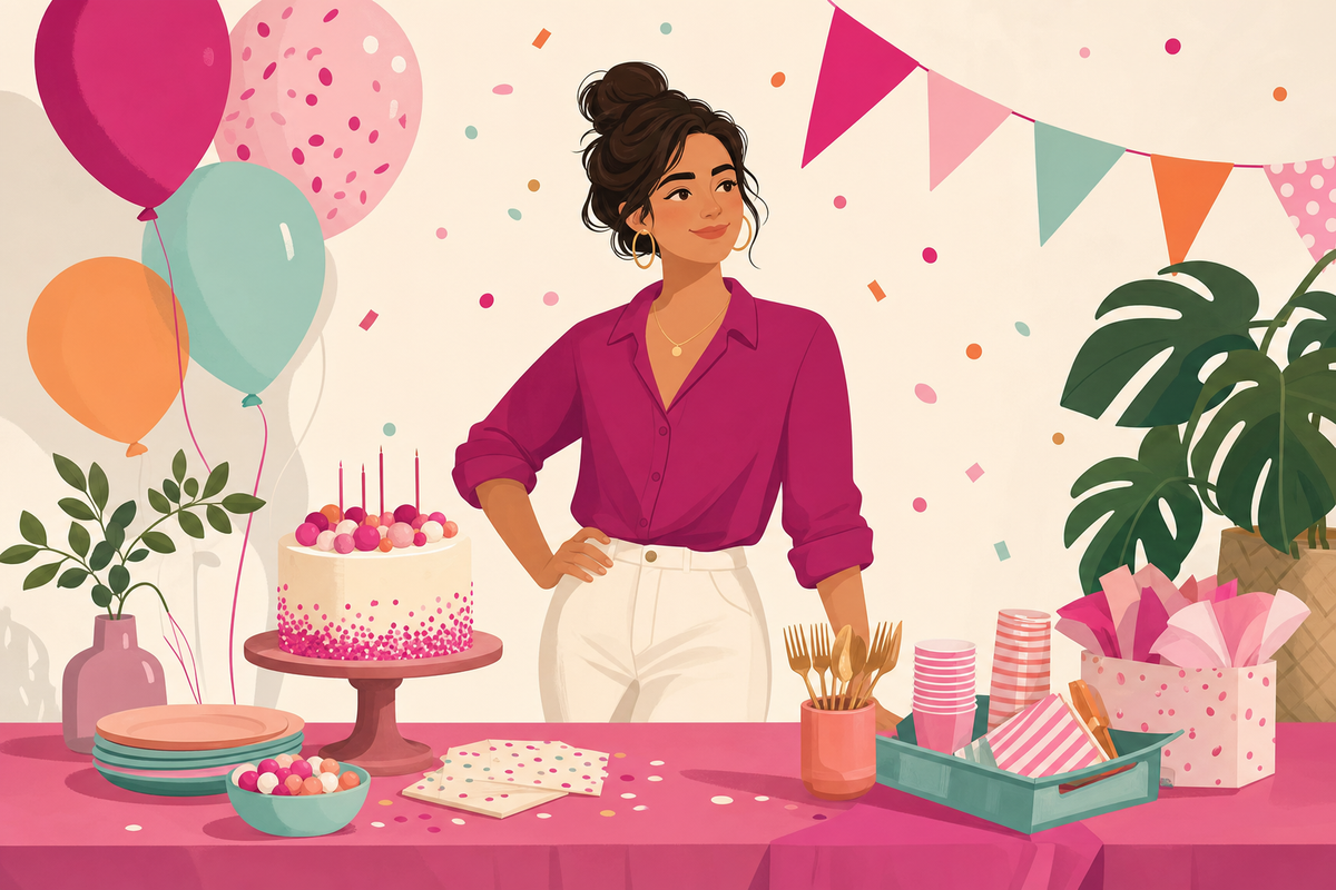 Illustration of an organized birthday party setup with a parent figure, colorful balloons, cake, and simple decorations on a table