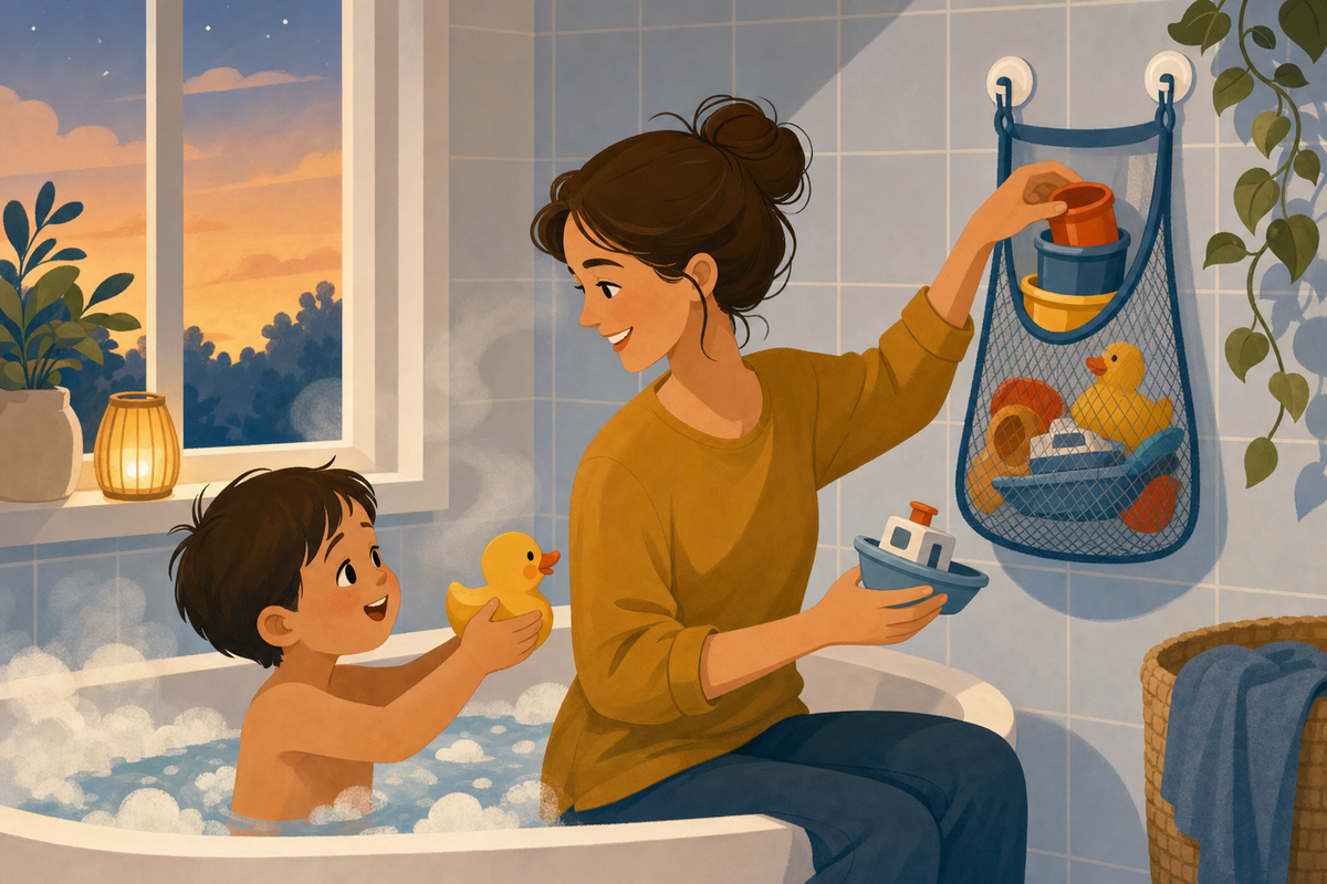 Illustration of colorful bath toys being organized into a storage bag in a modern bathroom setting