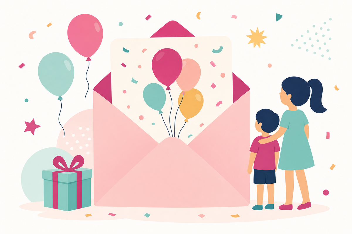 Flat illustration of an open birthday invitation card with two child silhouettes of different sizes standing beside it, surrounded by balloons and confetti, representing siblings being welcomed to a birthday party.