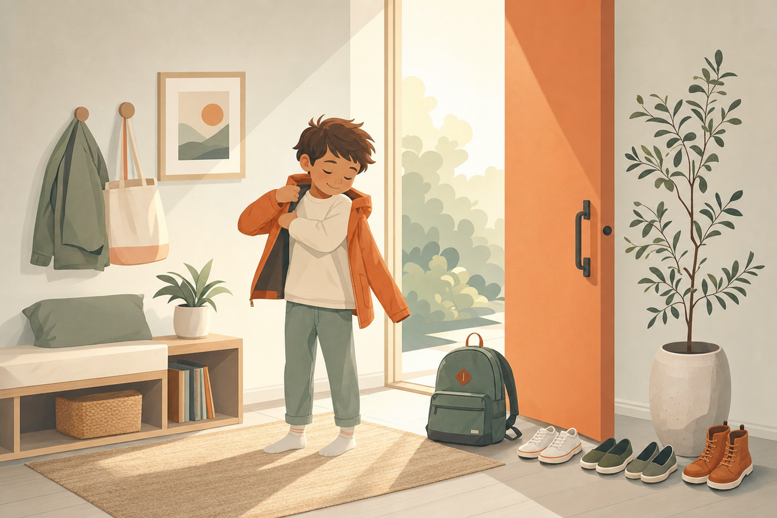 Illustration of a young child getting ready to leave the house with jacket, backpack, and shoes organized by the front door