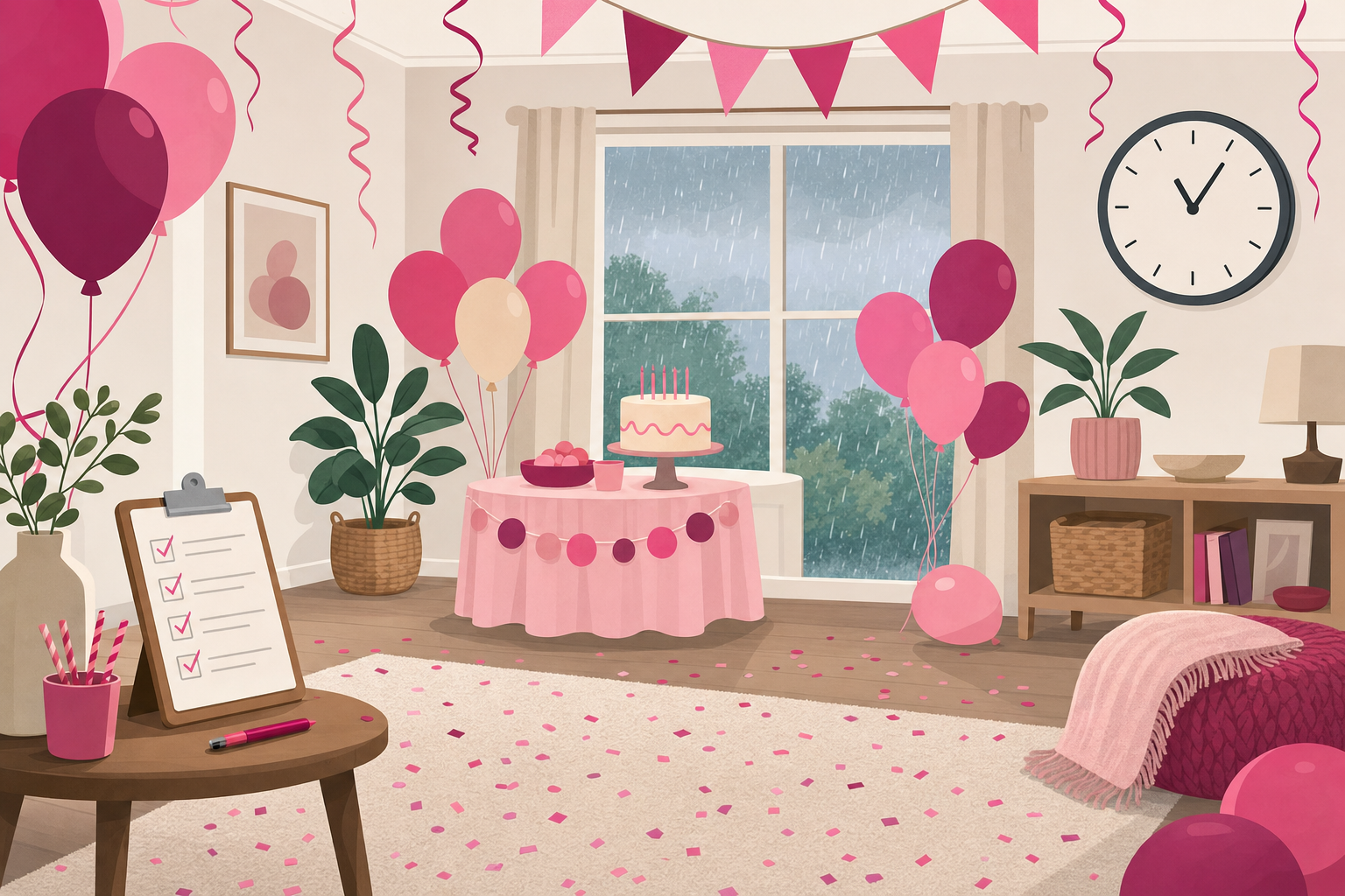 Flat illustration of a living room set up for an indoor birthday party with balloons and a clock, while rain falls outside the window, symbolizing a rainy day backup plan.