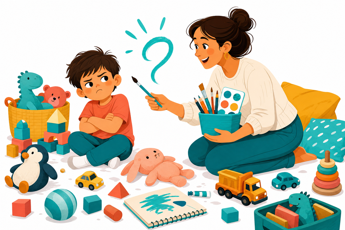 Illustration of a 5-year-old refusing toys while parent offers creative screen-free alternatives like art supplies