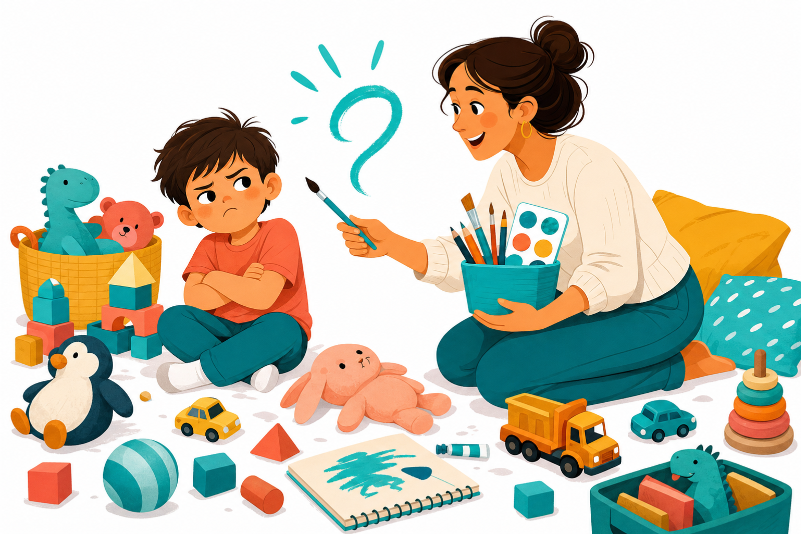 Illustration of a 5-year-old refusing toys while parent offers creative screen-free alternatives like art supplies