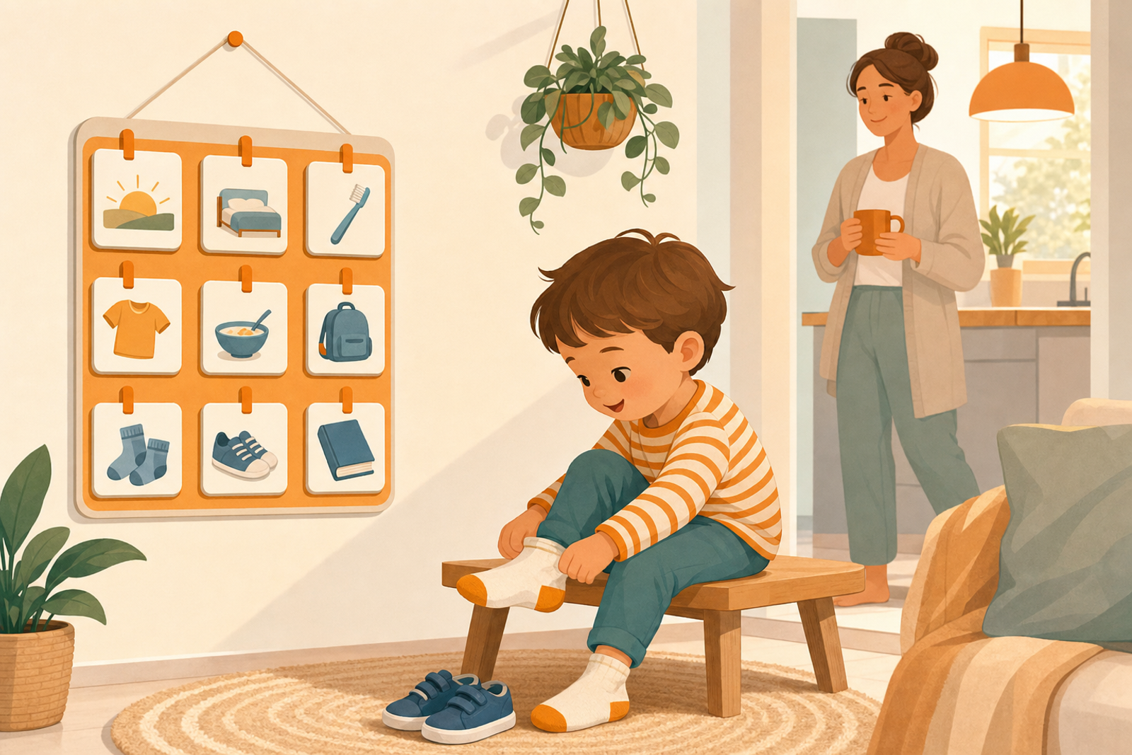 Illustration of a toddler using a visual routine chart independently while parent relaxes in the background