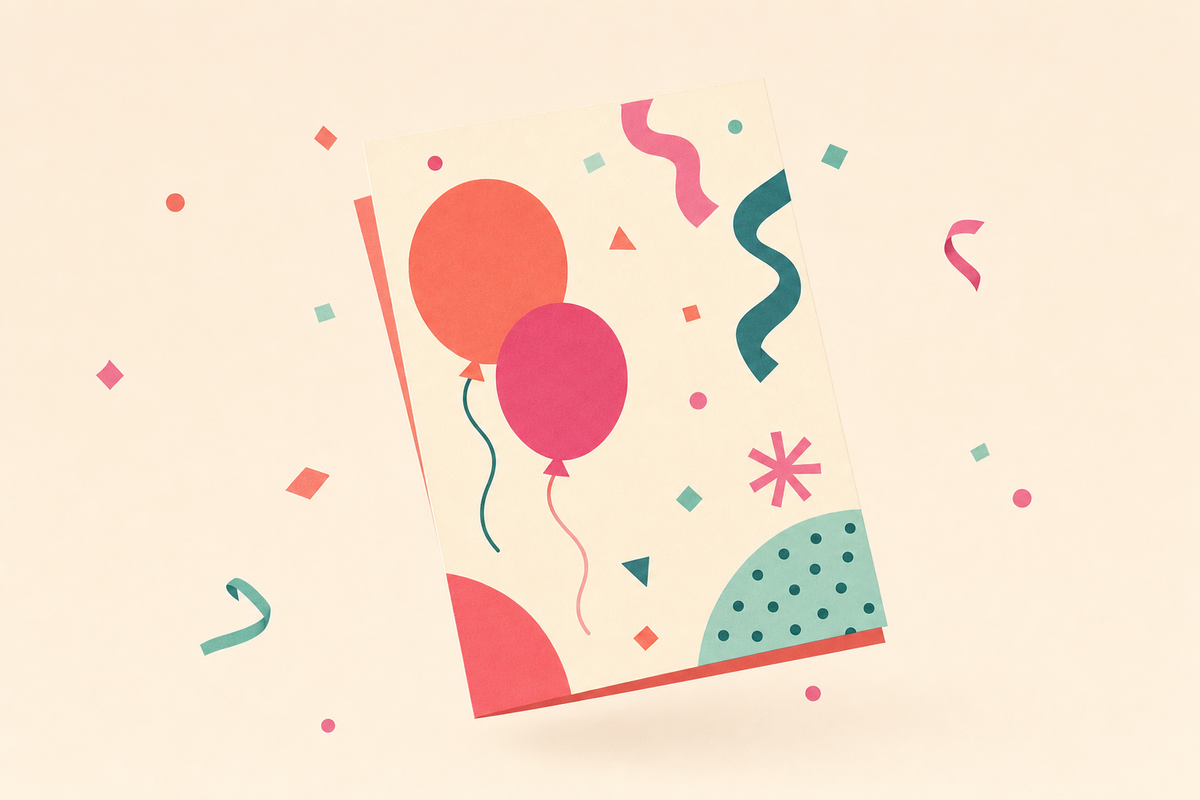 Illustration of a birthday party invitation surrounded by festive confetti