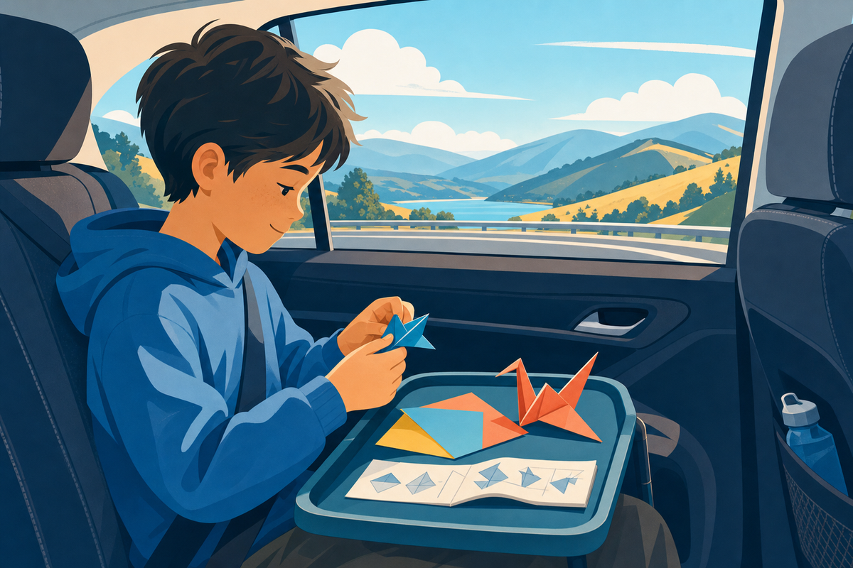 Child independently engaged in origami craft activity in car backseat during road trip